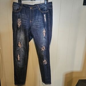 Karma Blue, Distressed, Straight-Leg, Medium-Wash, Blue Jeans Size 14, Plus-Size